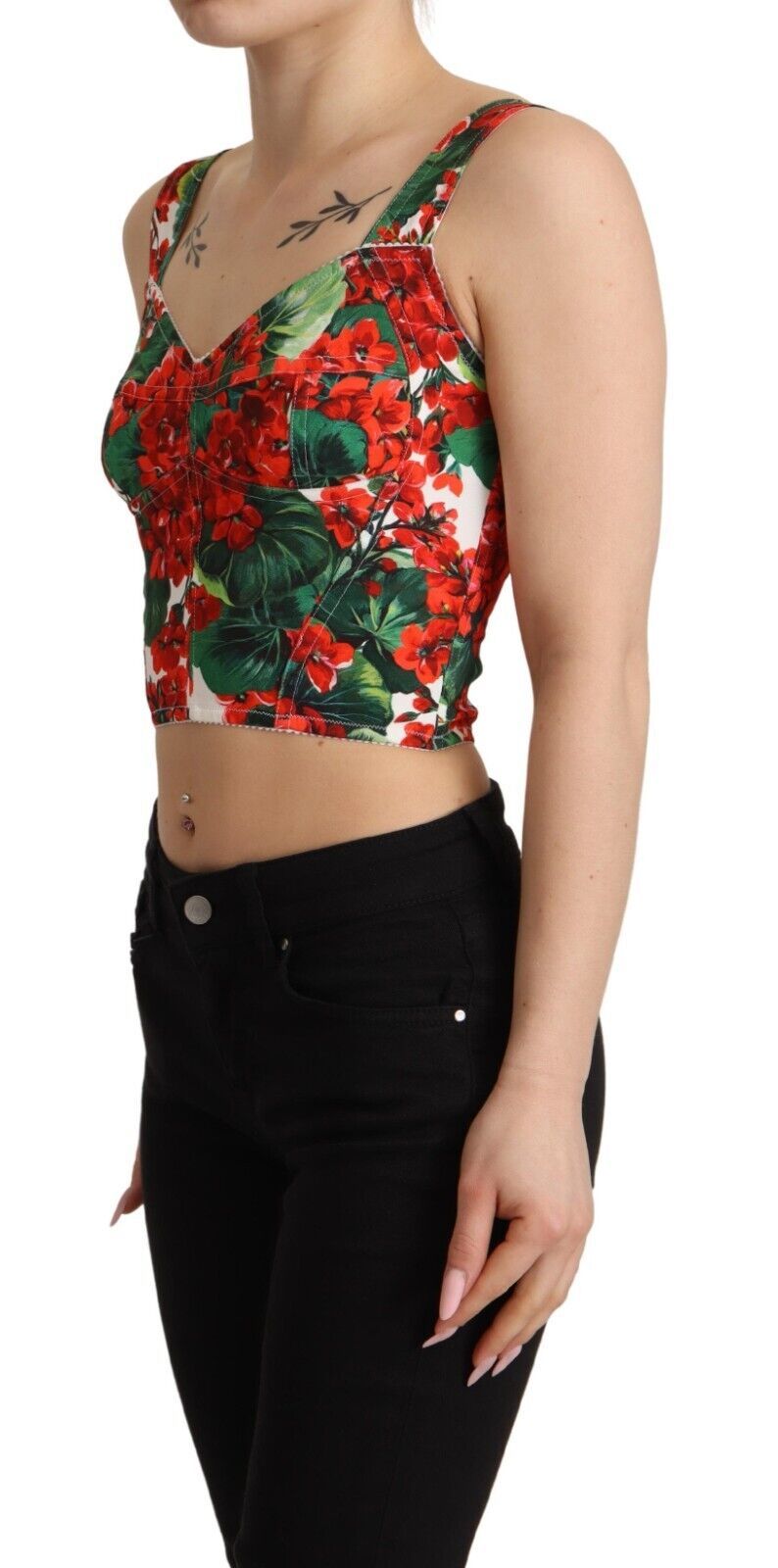 Dolce & Gabbana Red Geranium Print Viscose Sweetheart Cropped Women's Top