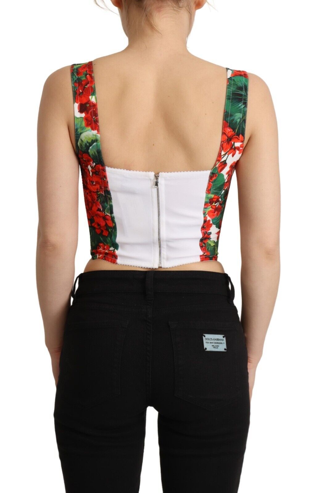 Dolce & Gabbana Red Geranium Print Viscose Sweetheart Cropped Women's Top