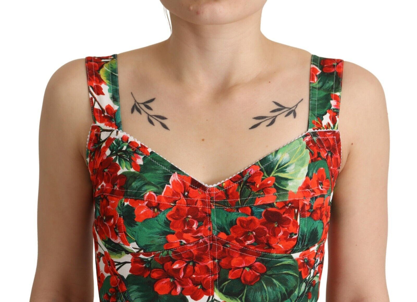 Dolce & Gabbana Red Geranium Print Viscose Sweetheart Cropped Women's Top