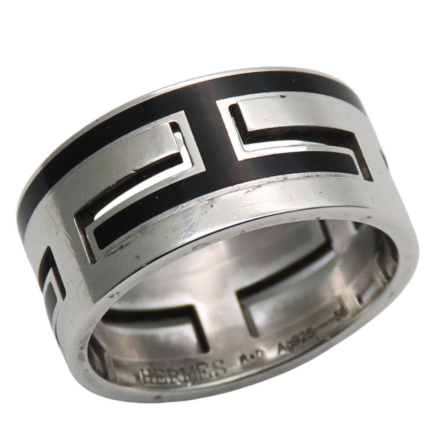 Hermes Silver Black Silver 925 Band Ring (Pre-Owned)