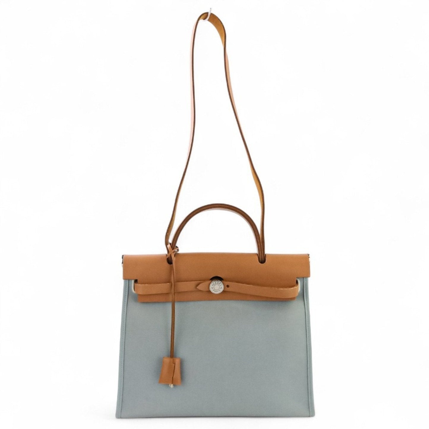Hermes Blue Brown Canvas Leather Handbag Pouch Shoulder Bag (Pre-Owned)