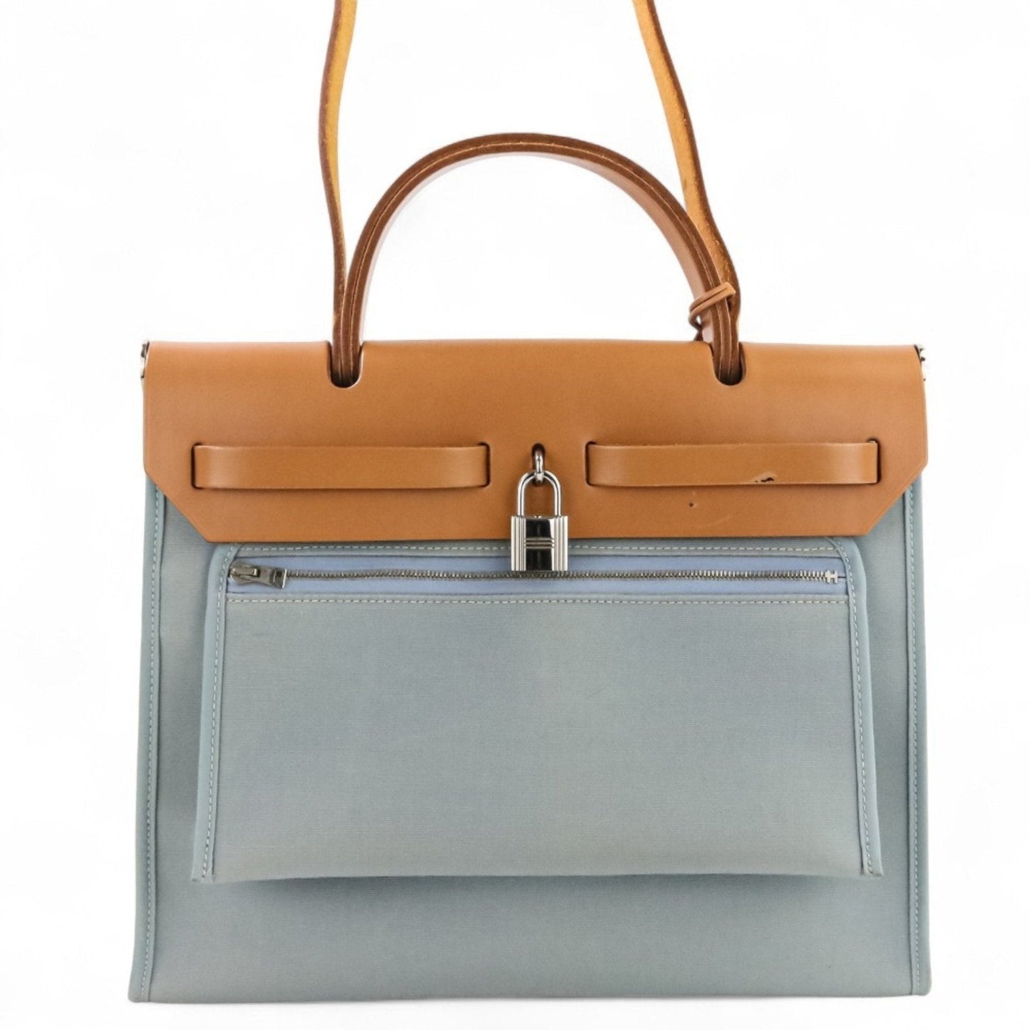 Hermes Blue Brown Canvas Leather Handbag Pouch Shoulder Bag (Pre-Owned)