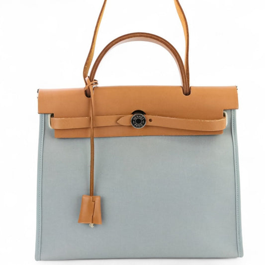 Hermes Blue Brown Canvas Leather Handbag Pouch Shoulder Bag (Pre-Owned)