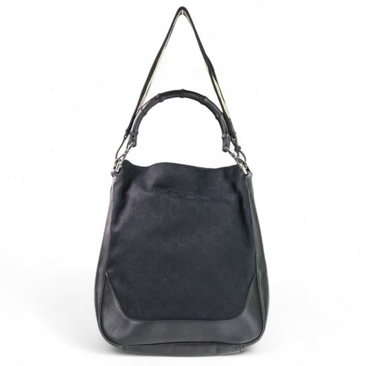 Gucci Black Leather Gg Canvas Handbag Shoulder Bag (Pre-Owned)