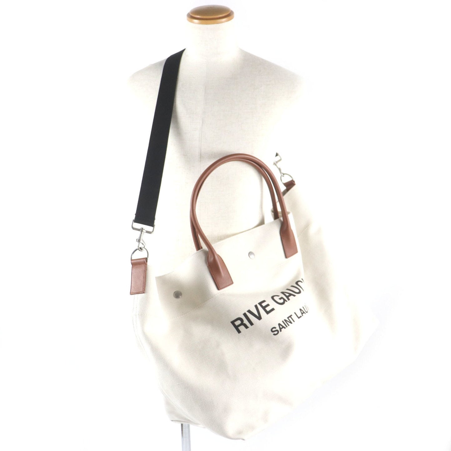 Saint Laurent Beige Brown Canvas Leather Shopping Bag Tote Bag (Pre-Owned)
