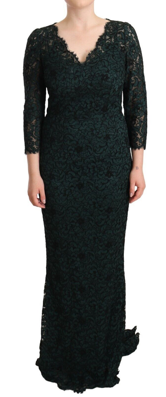Dolce & Gabbana Green Floral Lace Maxi Floor Length Women's Dress