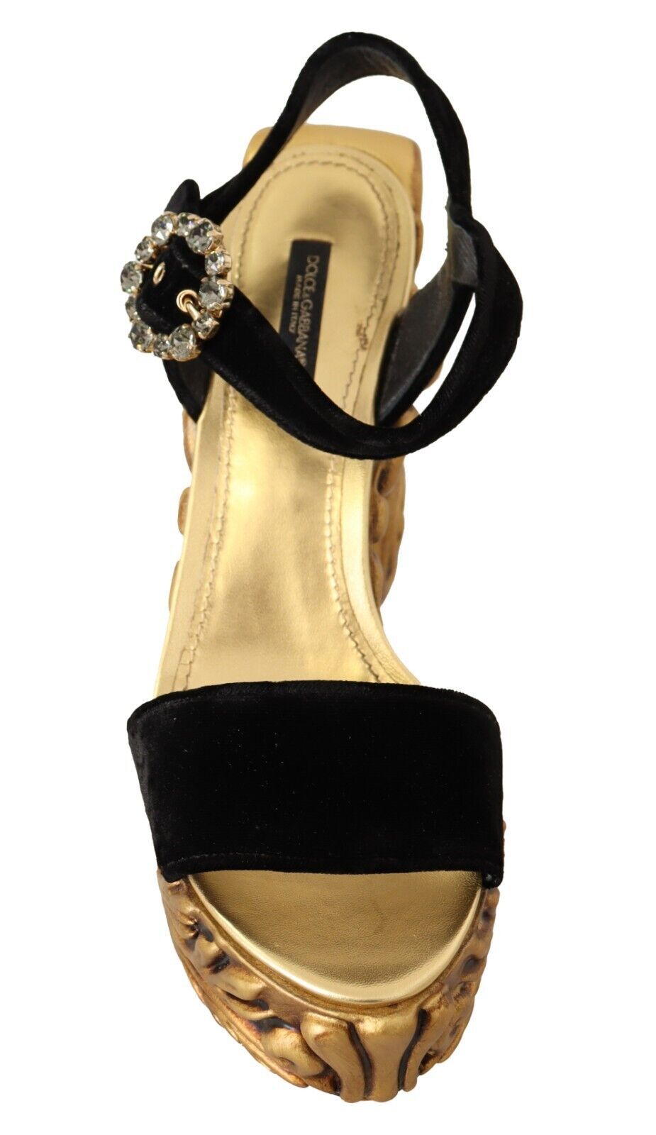 Dolce & Gabbana Black Gold Baroque Velvet Heels Crystal Women's Shoes