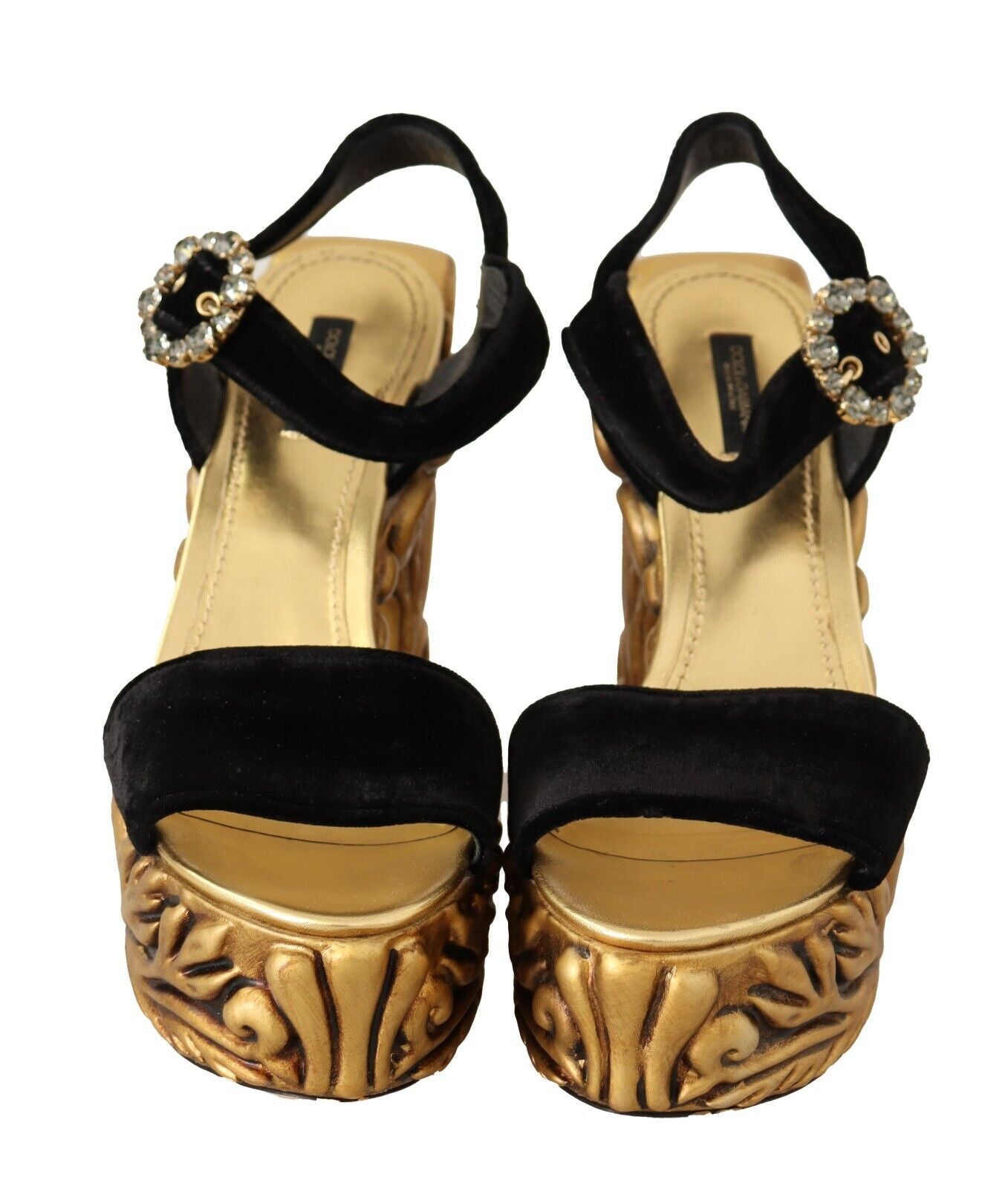 Dolce & Gabbana Black Gold Baroque Velvet Heels Crystal Women's Shoes