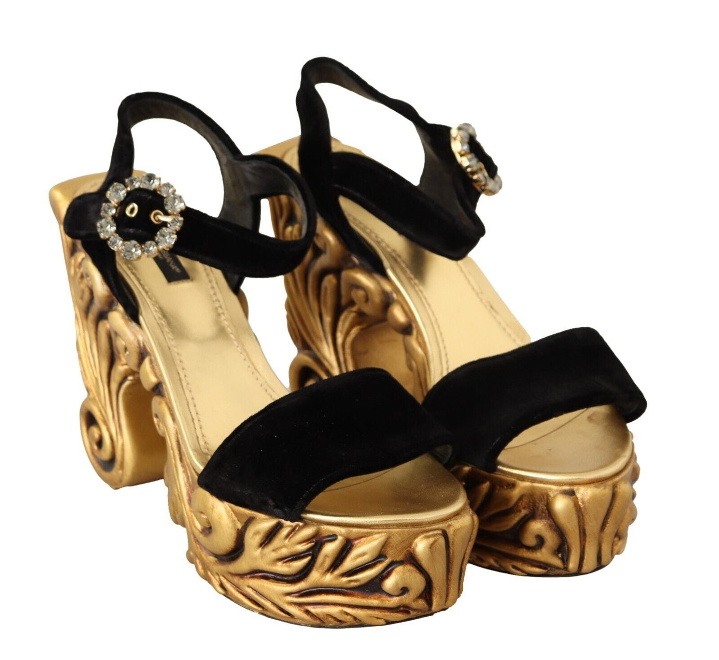 Dolce & Gabbana Black Gold Baroque Velvet Heels Crystal Women's Shoes