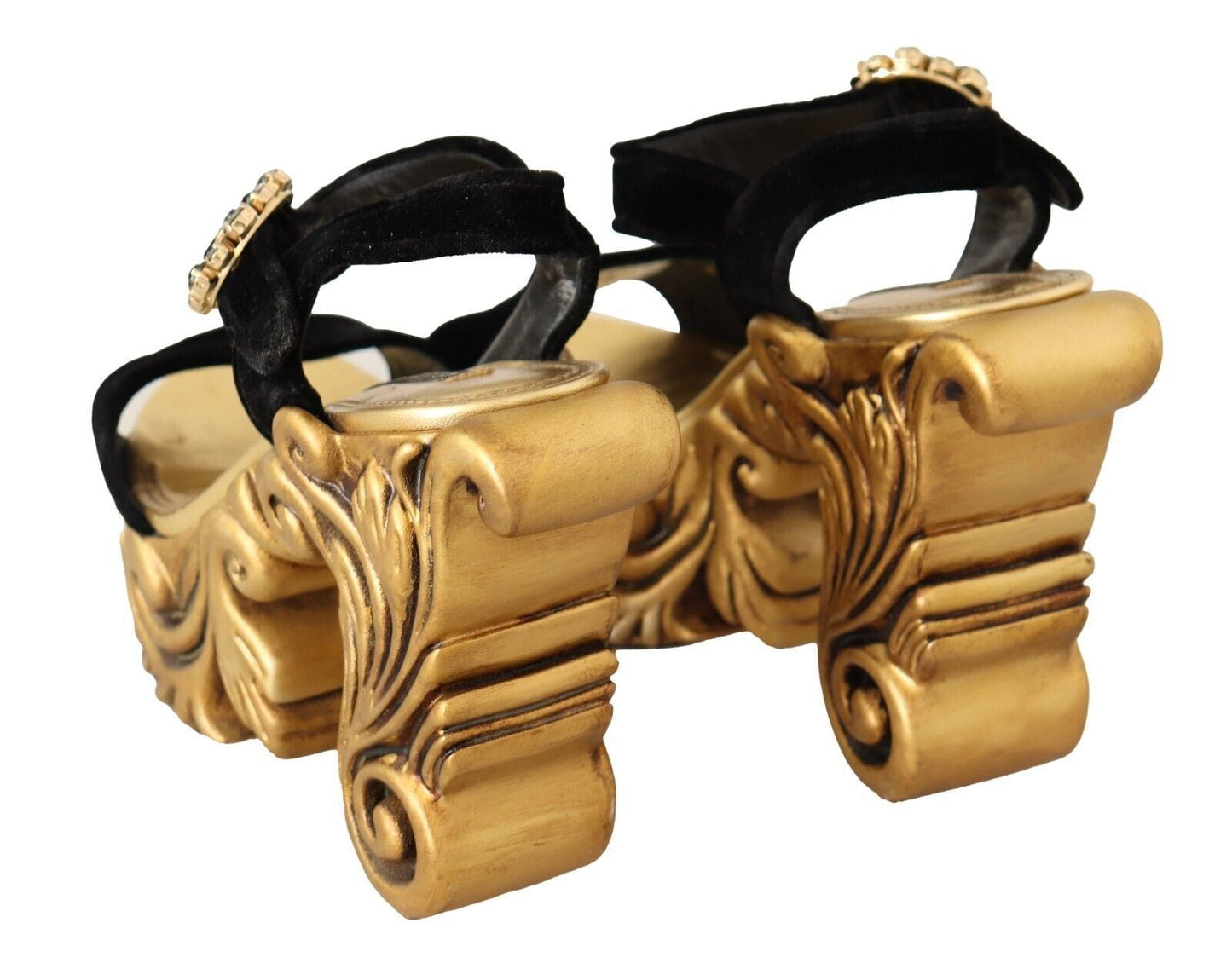 Dolce & Gabbana Black Gold Baroque Velvet Heels Crystal Women's Shoes