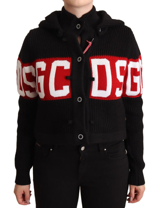 GCDS Black Cashmere Hooded Button Down Logo Cardigan Women's Jacket