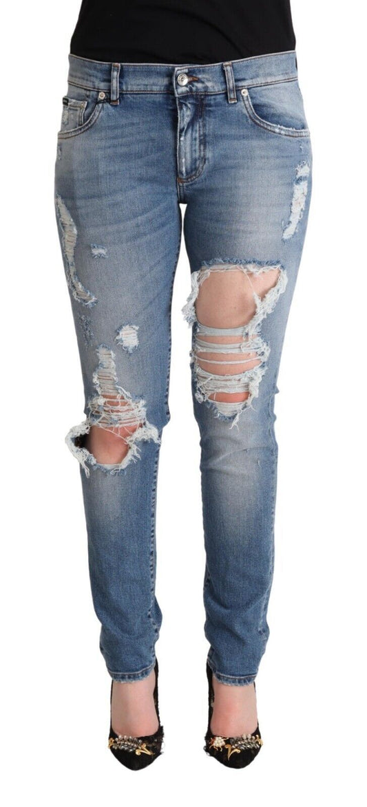 Dolce & Gabbana Blue Distressed Cotton Denim Skinny Women's Jeans
