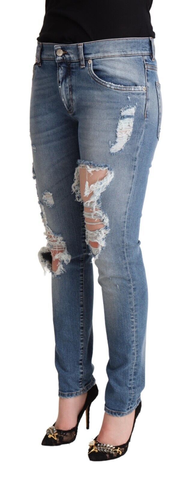 Dolce & Gabbana Blue Distressed Cotton Denim Skinny Women's Jeans