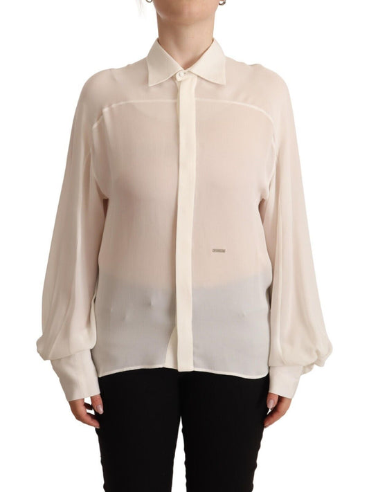 Dsquared�� Off White Silk Long Sleeves Collared Blouse Women's Top