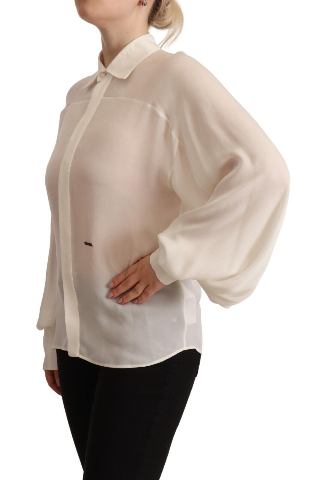 Dsquared�� Off White Silk Long Sleeves Collared Blouse Women's Top