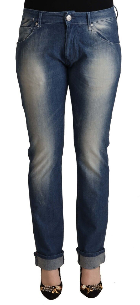 Acht Blue Washed Mid Waist Folded Hem Skinny Women's Jeans