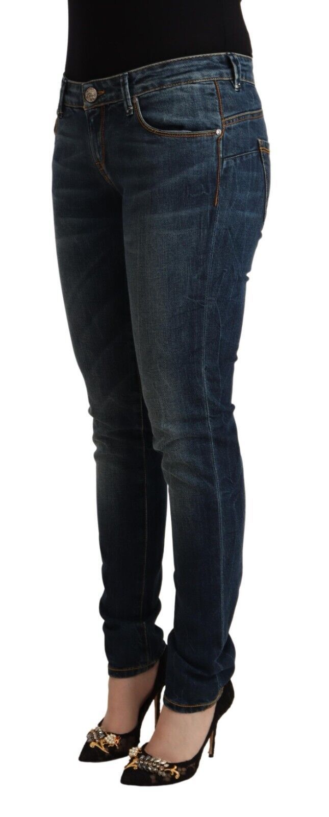 Acht Blue Washed Cotton Low Waist Slim Fit Denim Women's Jeans