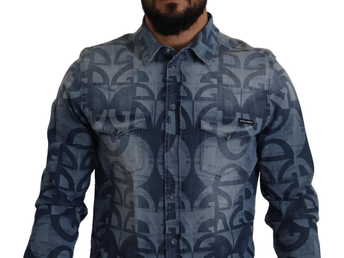 Dolce & Gabbana Blue Denim Stretch DG Logo Casual Mens Slim Men's Shirt