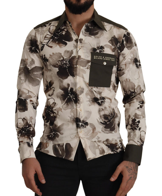 Dolce & Gabbana Green Beige Floral Cotton Stretch Exclusive Men's Shirt