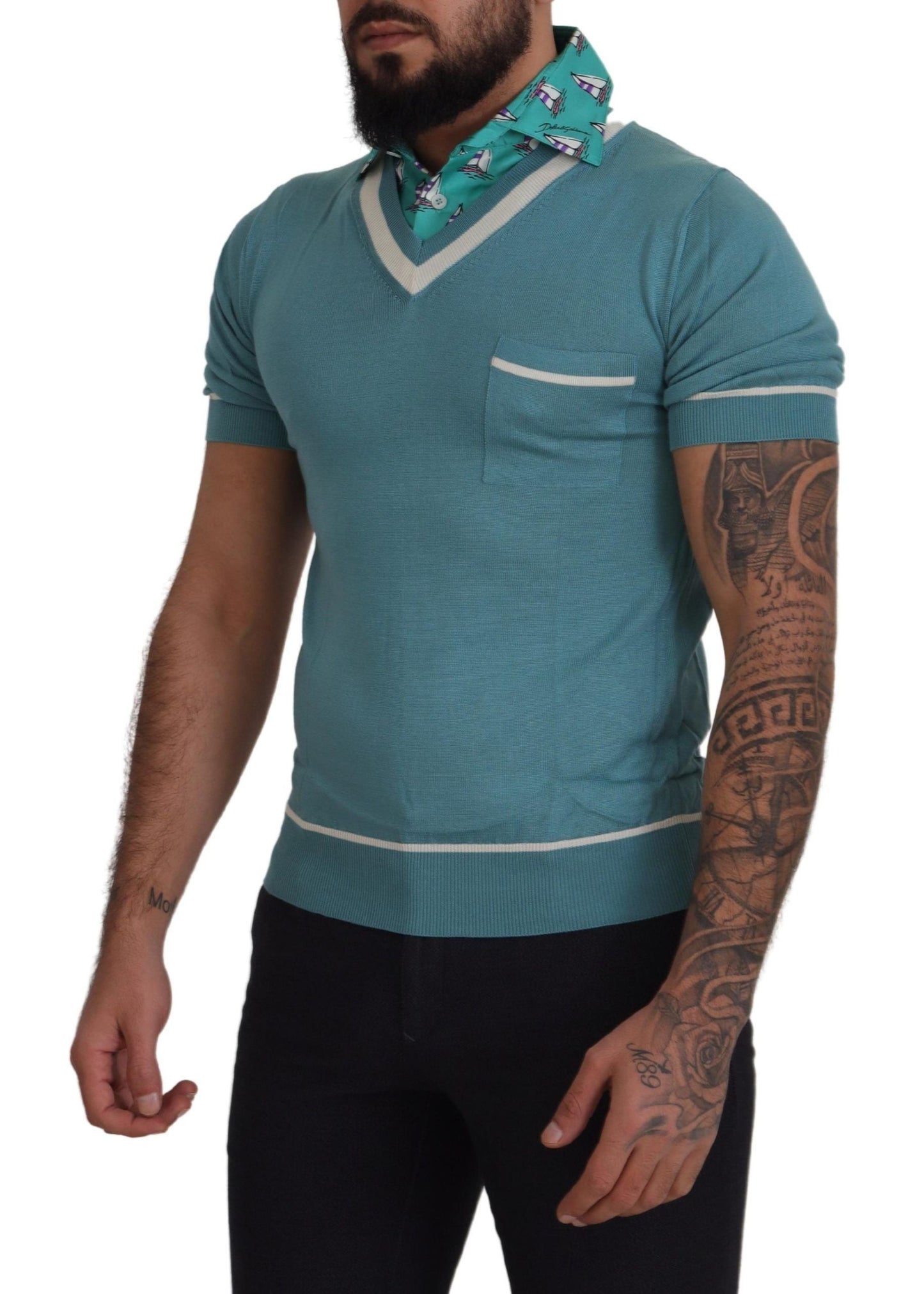 Dolce & Gabbana Blue Silk Polo Top Mens V-neck  Men's T-shirt