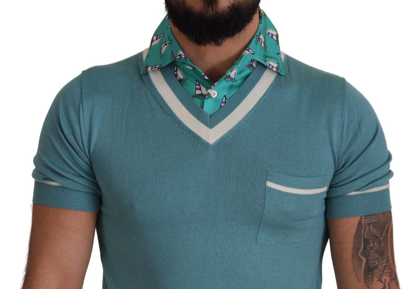Dolce & Gabbana Blue Silk Polo Top Mens V-neck  Men's T-shirt