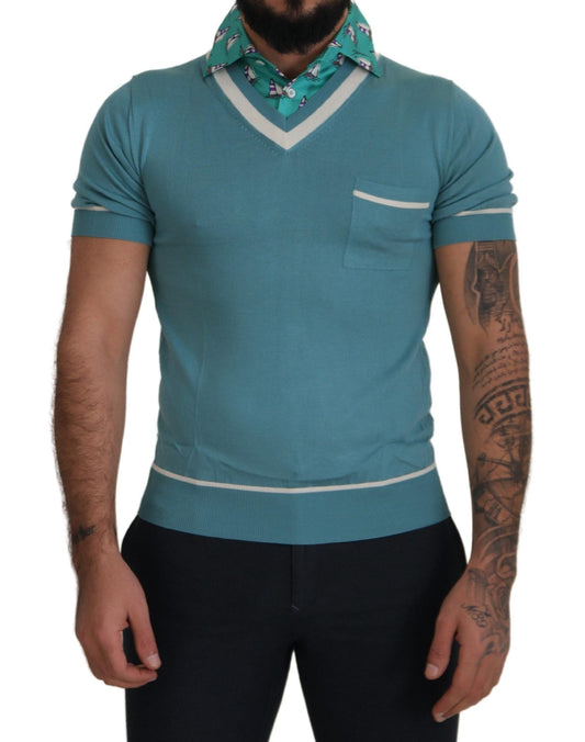 Dolce & Gabbana Blue Silk Polo Top Mens V-neck  Men's T-shirt