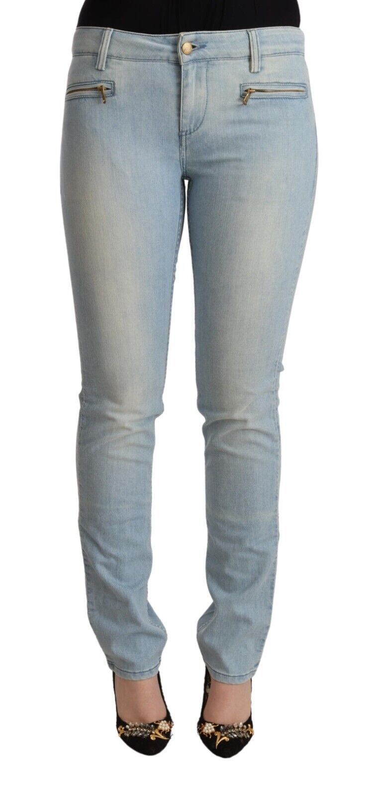 MILA SCH��N Light Blue Cotton Mid Waist Slim Fit Denim Women's Jeans