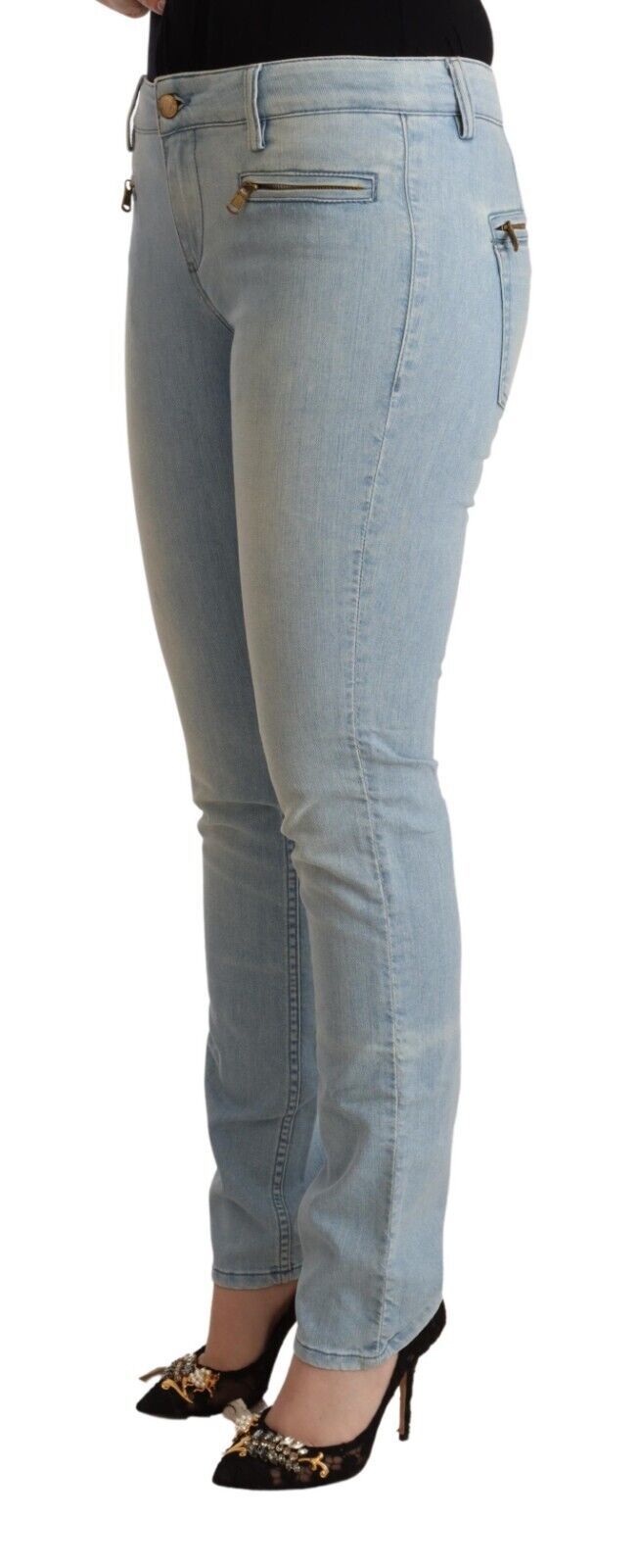 MILA SCH��N Light Blue Cotton Mid Waist Slim Fit Denim Women's Jeans