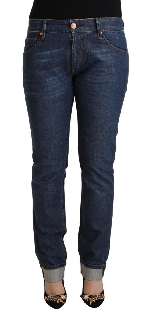 Acht Dark Blue Cotton Slim Fit Folded Hem Denim Women's Jeans