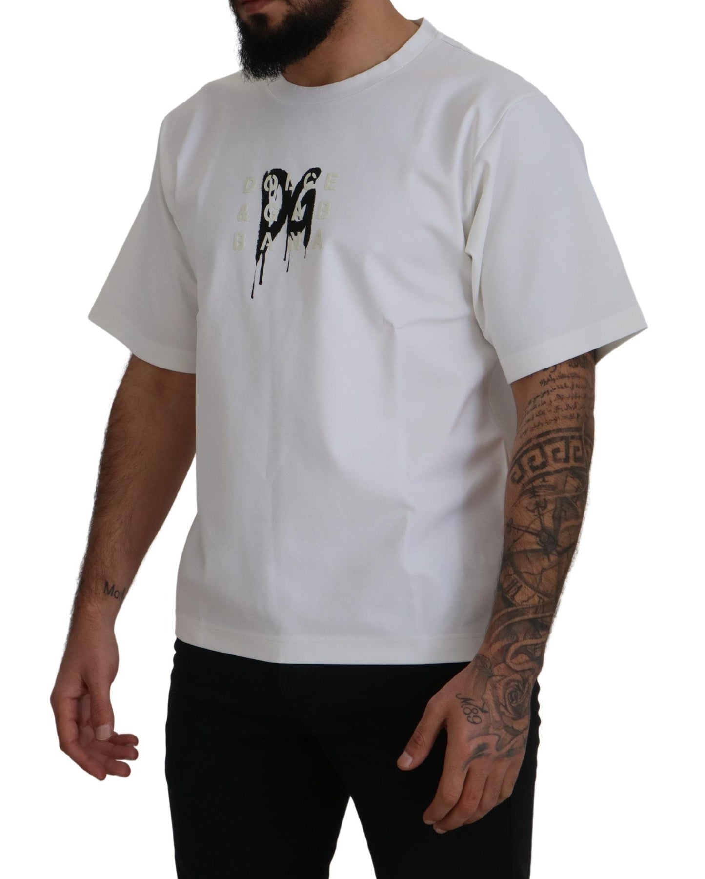 Dolce & Gabbana White Logo Print Cotton Crewneck Men's T-shirt