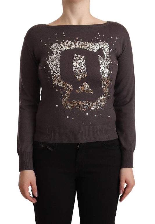 John Galliano Brown Wool Sequined Long Sleeves Pullover Women's Sweater