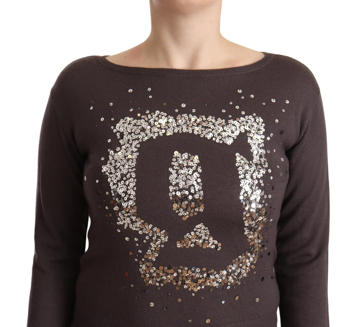 John Galliano Brown Wool Sequined Long Sleeves Pullover Women's Sweater