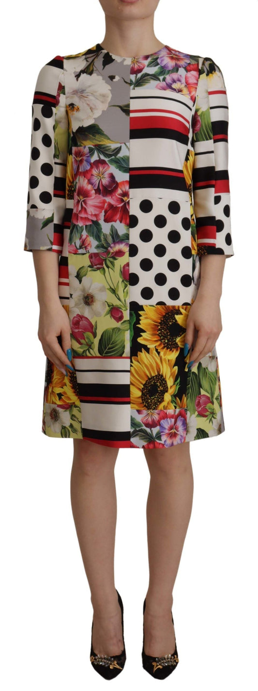 Dolce & Gabbana Multicolor Charmeuse Floral Sheath Jaquard Pachwork Women's Dress