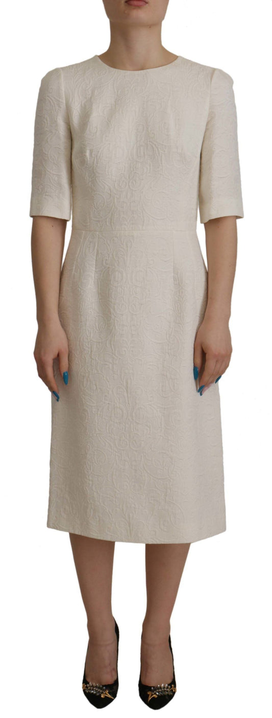 Dolce & Gabbana White Jaquard Midi Floral Sheath Brocade Women's Dress
