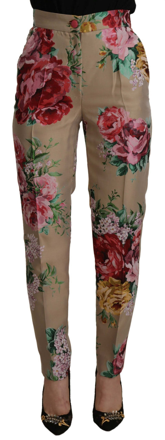 Dolce & Gabbana Beige Floral Dress Formal High Waist Women's Pants