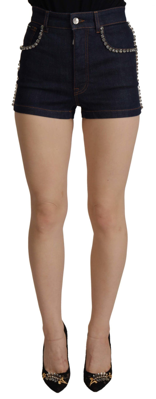 Dolce & Gabbana Blue Denim Stretch Crystal Hot Pants Women's Shorts