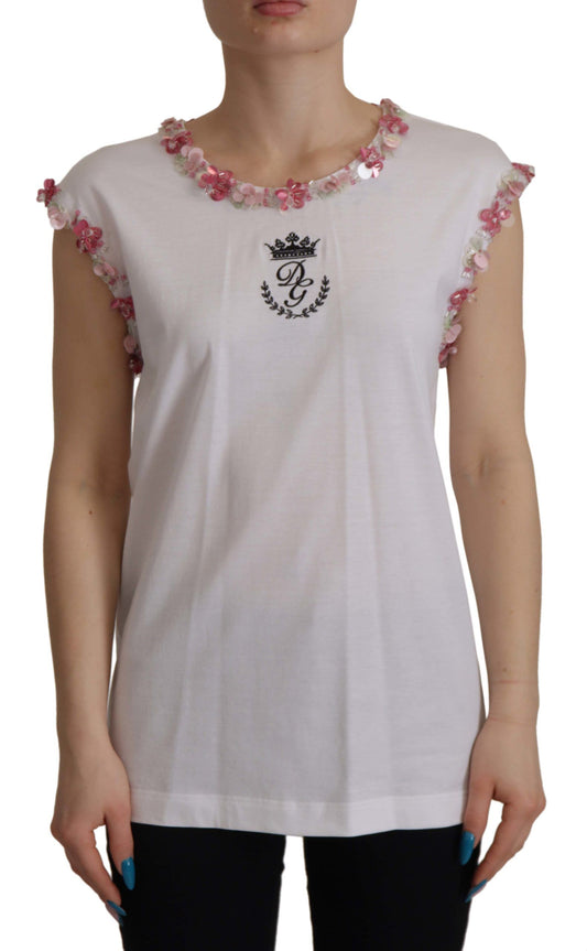 Dolce & Gabbana White DG Crown Floral Sequin Women's T-shirt