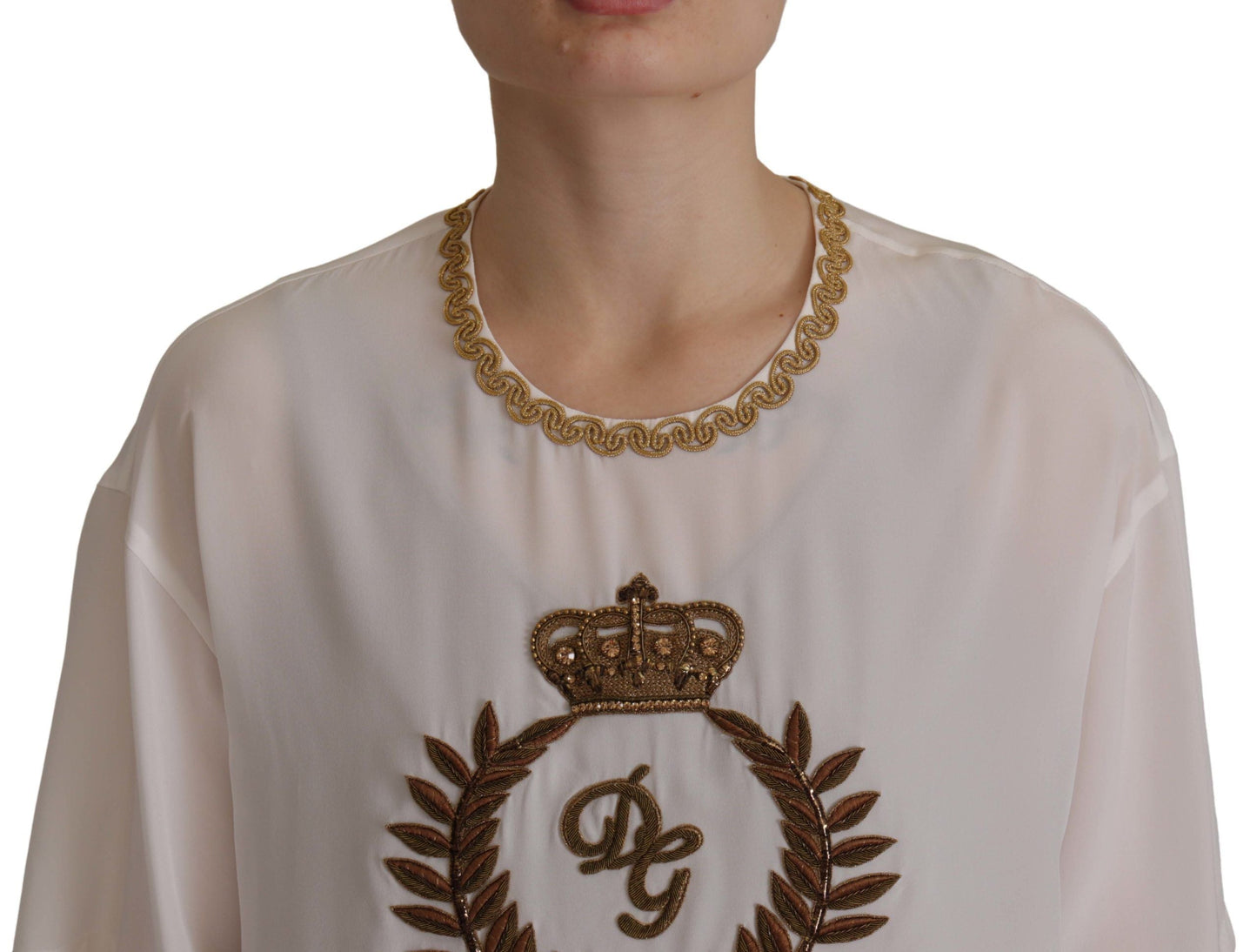 Dolce & Gabbana White Silk Gold DG Crown Crystal Blouse Women's Top