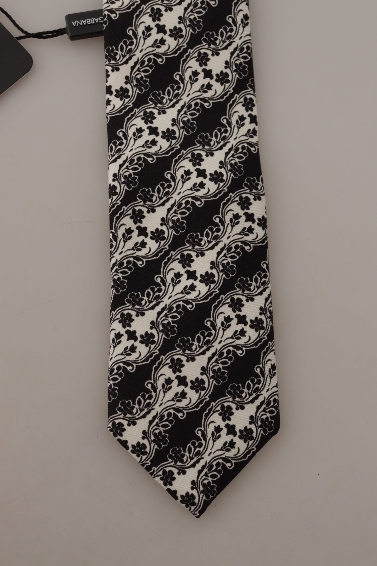Dolce & Gabbana Black White Flower 100% Silk Print Adjustable Accessory Men's Tie