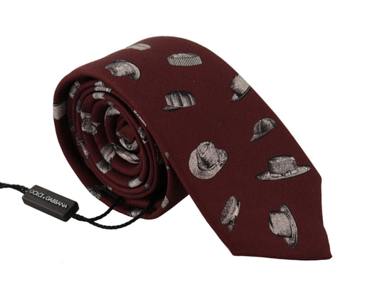 Dolce & Gabbana Maroon Hat Pattern 100% Silk Adjustable Accessory Men's Tie