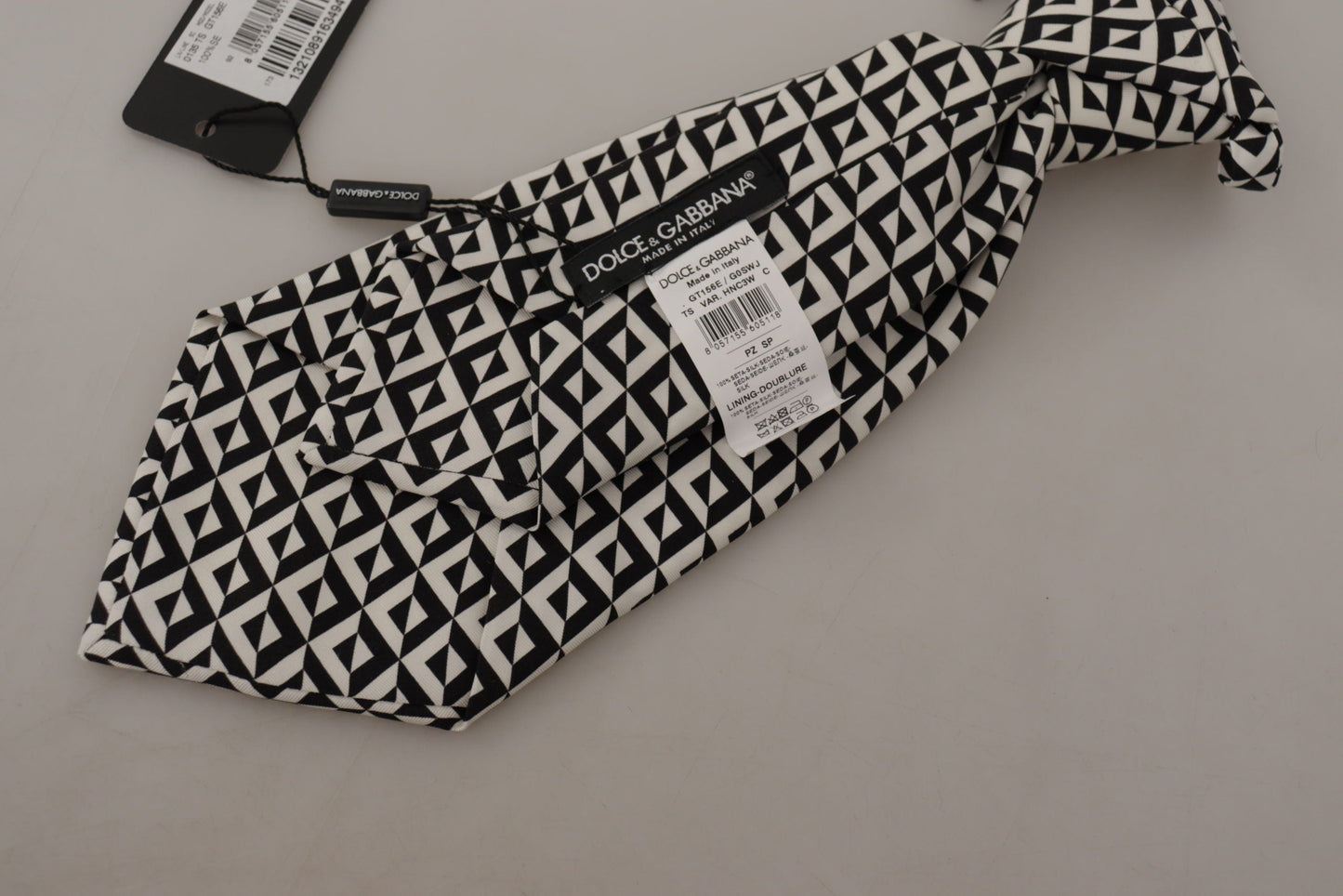 Dolce & Gabbana Black White Geometric 100% Silk Adjustable Accessory Men's Tie