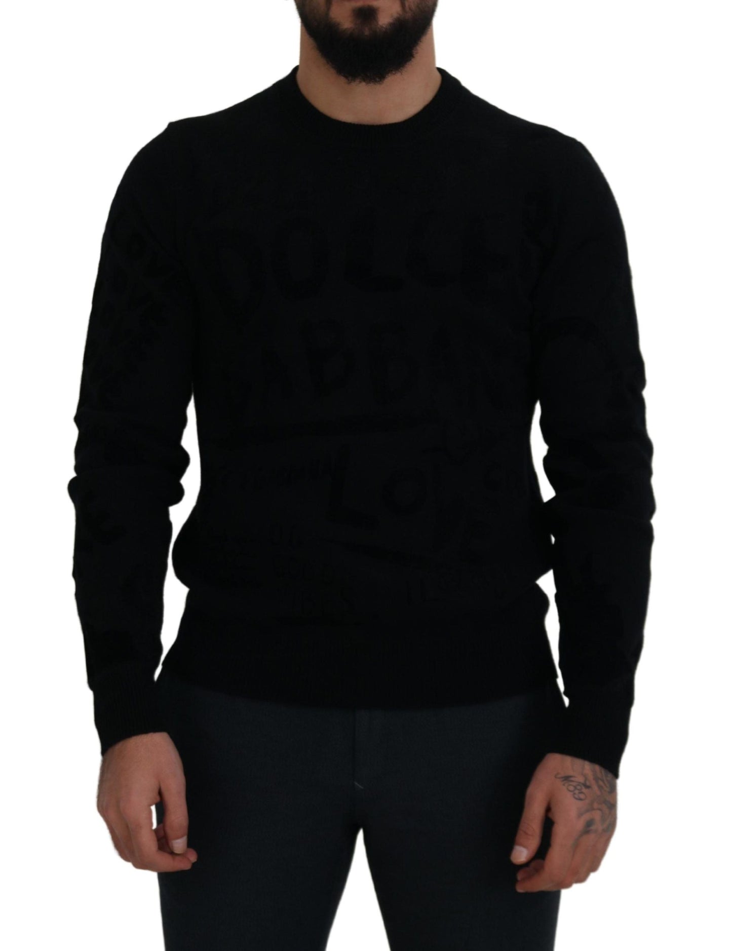 Dolce & Gabbana Black Wool Logo Pattern Crewneck Pullover Men's Sweater