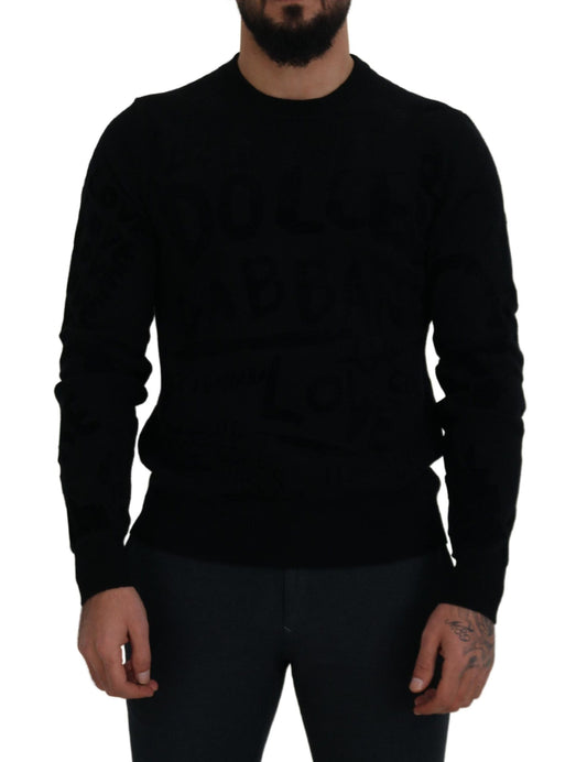 Dolce & Gabbana Black Wool Logo Pattern Crewneck Pullover Men's Sweater