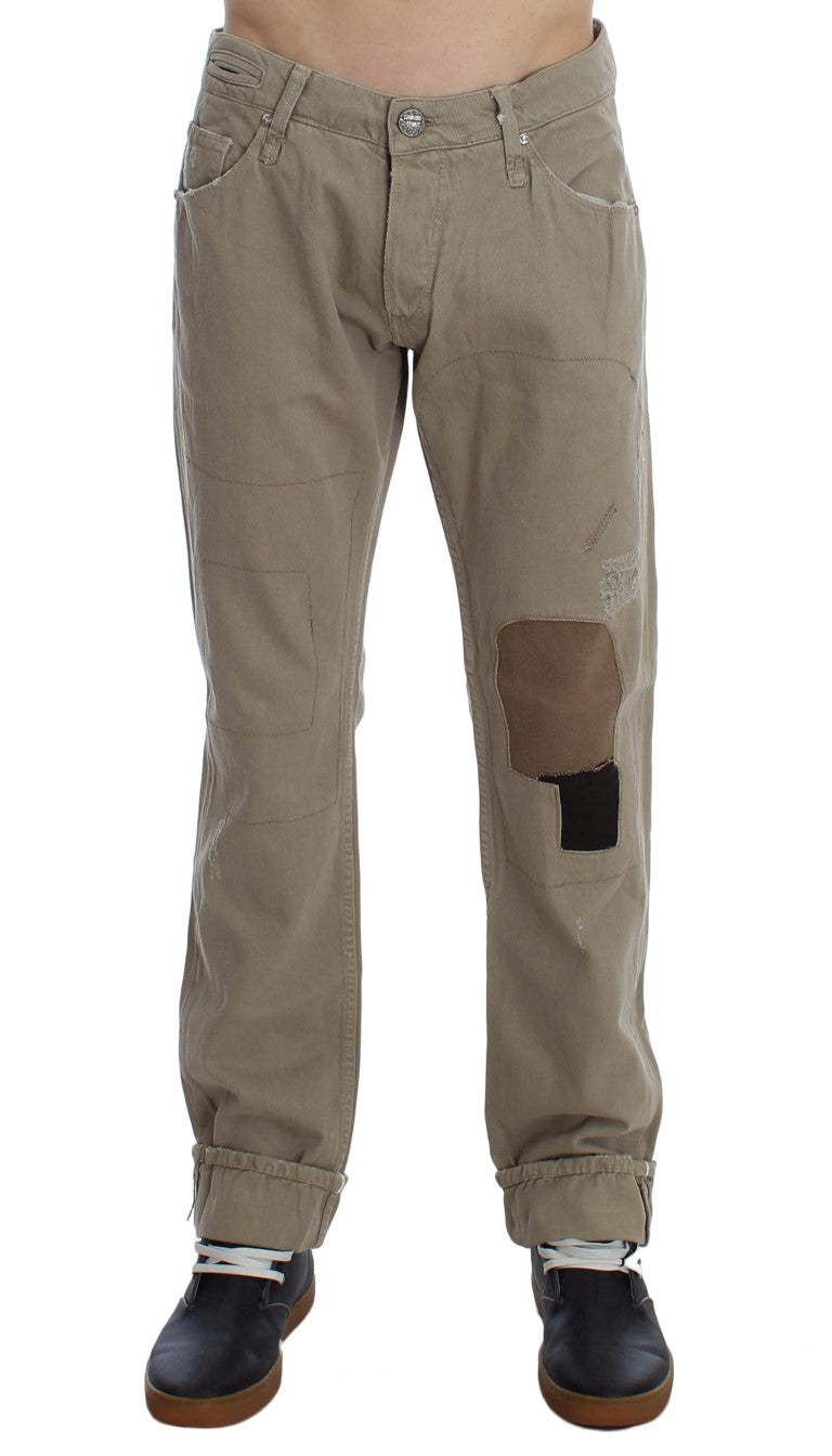 Acht Beige Cotton Patchwork Men's Jeans