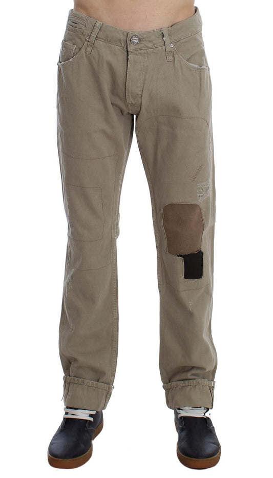Acht Beige Cotton Patchwork Men's Jeans
