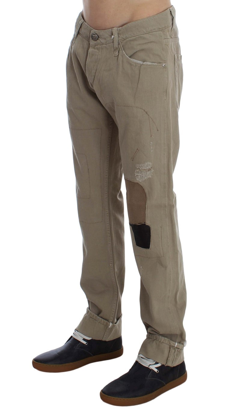 Acht Beige Cotton Patchwork Men's Jeans