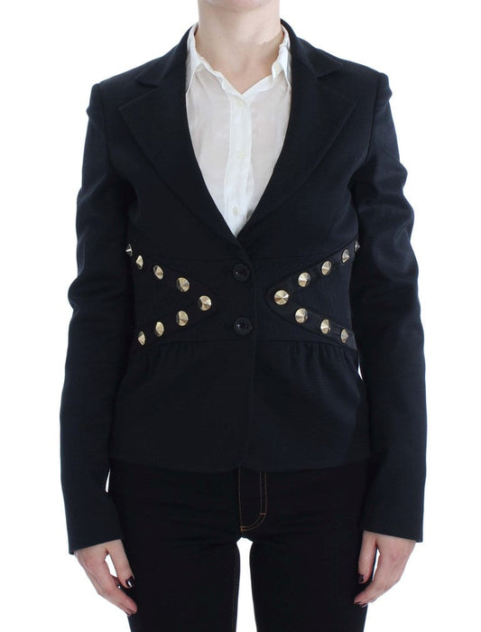 Exte Black Cotton Stretch Gold Studded Blazer Women's Jacket