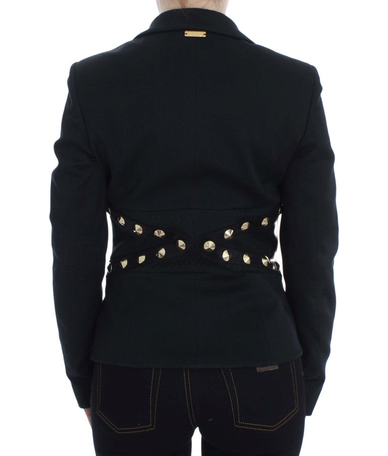 Exte Black Cotton Stretch Gold Studded Blazer Women's Jacket