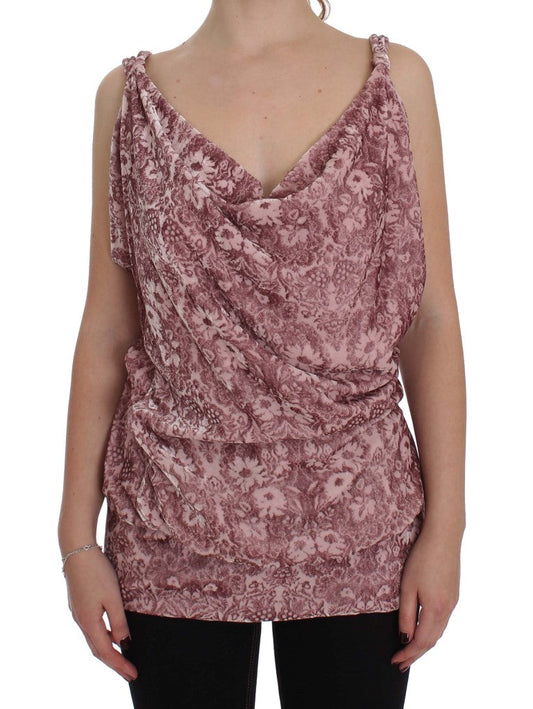 Exte Pink Floral Print Viscose Silk Blouse Women's Top