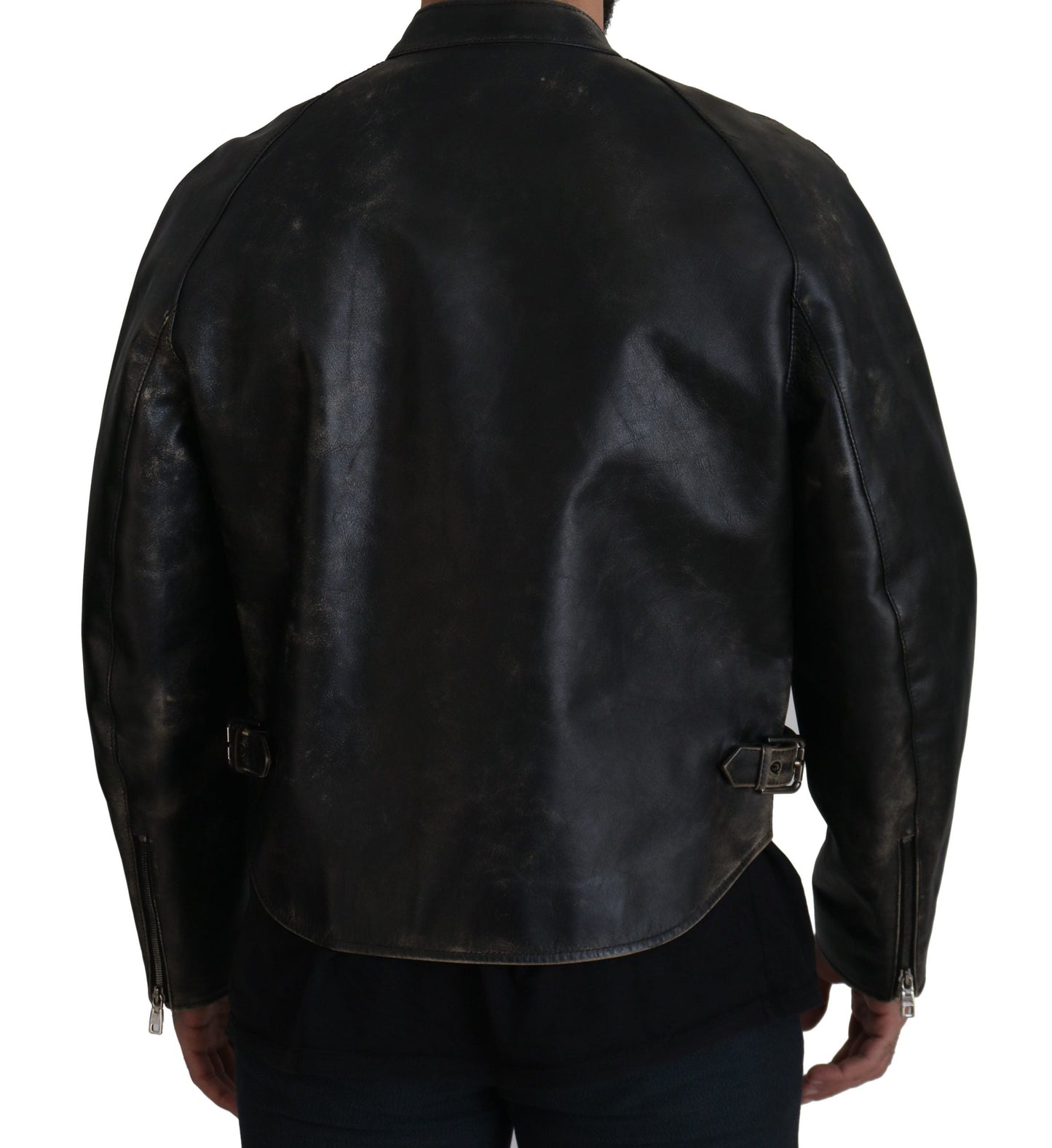 Dolce & Gabbana Black Leather Zipper Biker Coat Men's Jacket